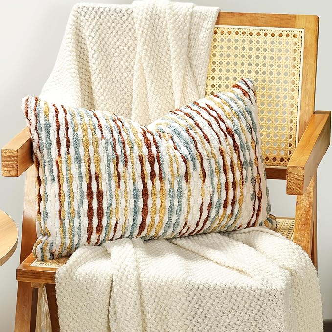 Boho Chenille Striped Pillow Cover 12x20 Inch, Decorative Lumbar Pillow Cover for Couch Bed Sofa Living Room Bedroom Farmhouse Modern Home Decor Accent Pillowcases Set of 1, Multicolor