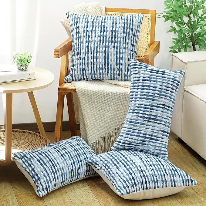 Boho Chenille Striped Pillow Cover 18x18 Inch, Decorative Pillow Cover for Couch Bed Sofa Living Room Bedroom Farmhouse Modern Home Decor Accent Pillowcases Set of 1, Blue White