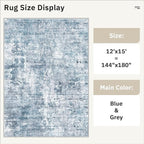 12x15 Washable Area Rug Blue/Grey Neutral Abstract Living Room Large Carpet Non Slip Bedroom Indoor Office Dining Room Low Pile Thin Rug