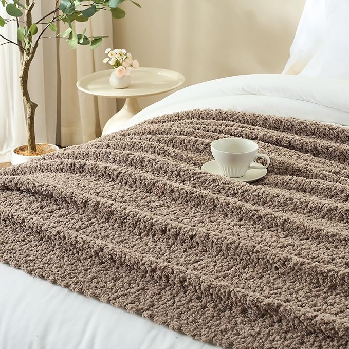 Throw Blanket for Couch, Taupe Tan Luxury Knitted Throws 60"x80", Textured Blankets with Handmade Fringe Tassels for Bed Sofa Decorative, Chunky Soft Farmhouse Boho Home Decor