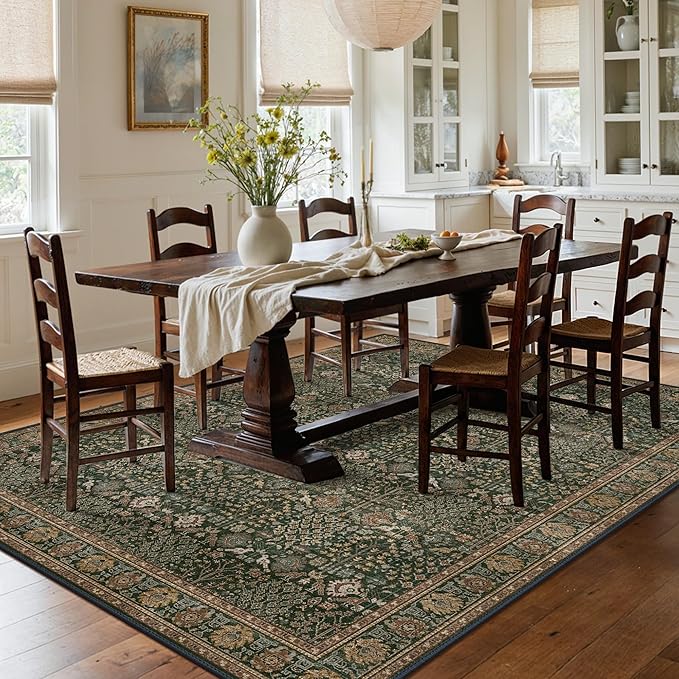 Bavni Washable Rugs 9x12-Machine Washable Rug Lightweight Low Pile, Vintage Floral Rug Non-Shedding Distressed Throw Carpet for Living Room Bedroom Office, Dark Green/Multi