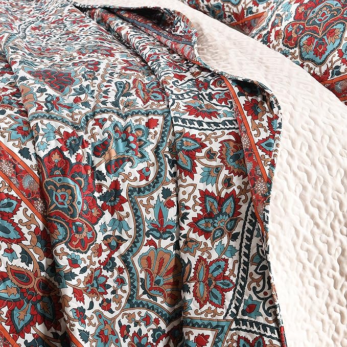 Horimote Home Boho Quilt King Size, Reversible Bohemian Style Twill Strip Floral Quilt Beddding Set, Colorful and Soft Bedspread Oversized King Quilt Coverlet for All Season, 2 Pillow Shams (3 Pieces)