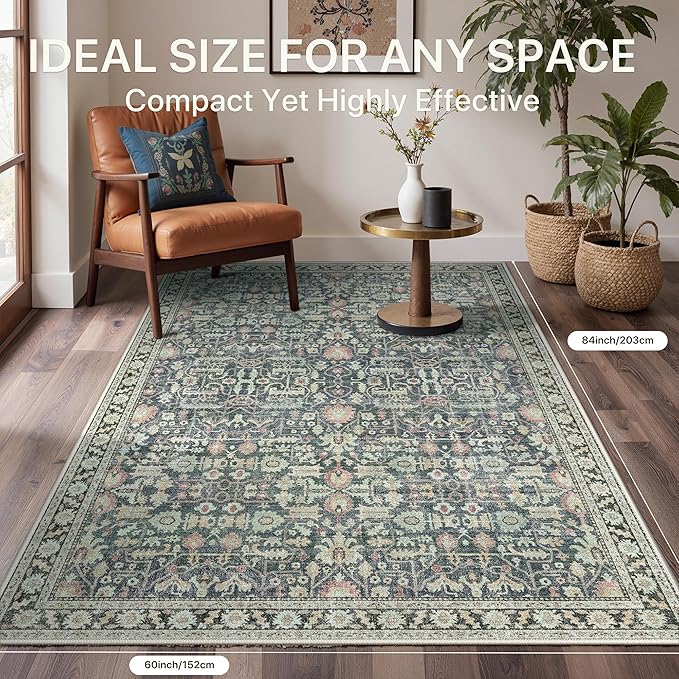 Bavni Area Rugs for Living Room, 5x7 Washable Rug Non-Slip Washable，Ultra-Thin Aesthetic Boho Rug for Bedroom Dinning Room Office,Green/Blue