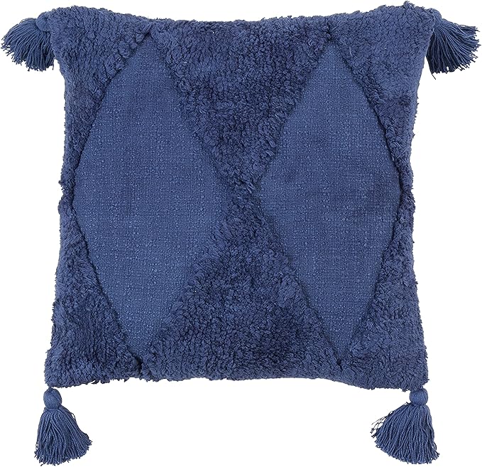 SARO LIFESTYLE Allman Collection Tufted Diamond Tassel Throw Pillow with Down Filling, 18", Navy Blue