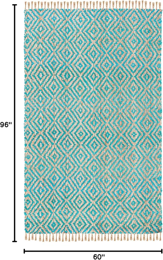 SAFAVIEH Natural Fiber Collection Area Rug - 5' x 8', Turquoise & Natural, Handmade Boho Diamond Tassel Jute, Ideal for High Traffic Areas in Living Room, Bedroom (NF266C)