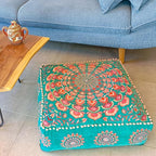 Mandala Life ART Turquoise Velvet Pouf Cover - Soft Sqare Floor Pillow - Embroidered Ottoman Slipcovern, 24x24x8 Inches, Ideal for Living Room, Bedroom, or Meditation Space - Cushion