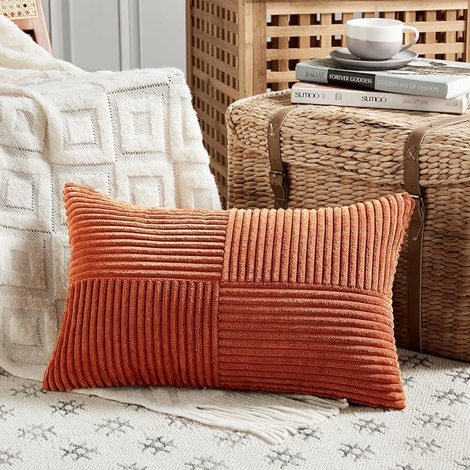 Fancy Homi Set of 2 Burnt Orange Lumbar Decorative Throw Pillow Covers 16x32 Inch for Living Room Couch Bed, Boho Farmhouse Fall Home Decor, Soft Corduroy Corss Patchwork Cushion Case 40x80 cm
