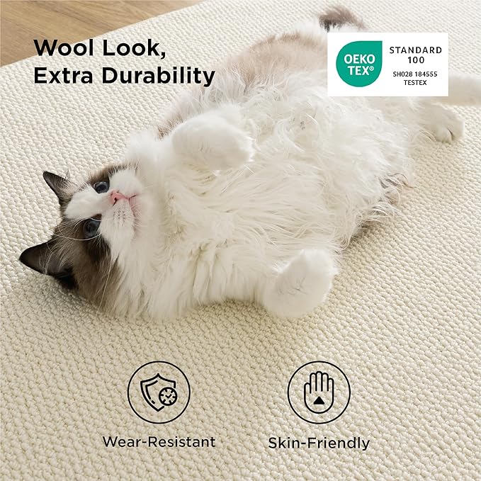 Bedsure 8x10 Faux Wool Area Rugs for Living Room, Machine Washable Carpet, Non-Slip Backing, Pet Friendly Throw Rug for Bedroom Dining Room, Cream