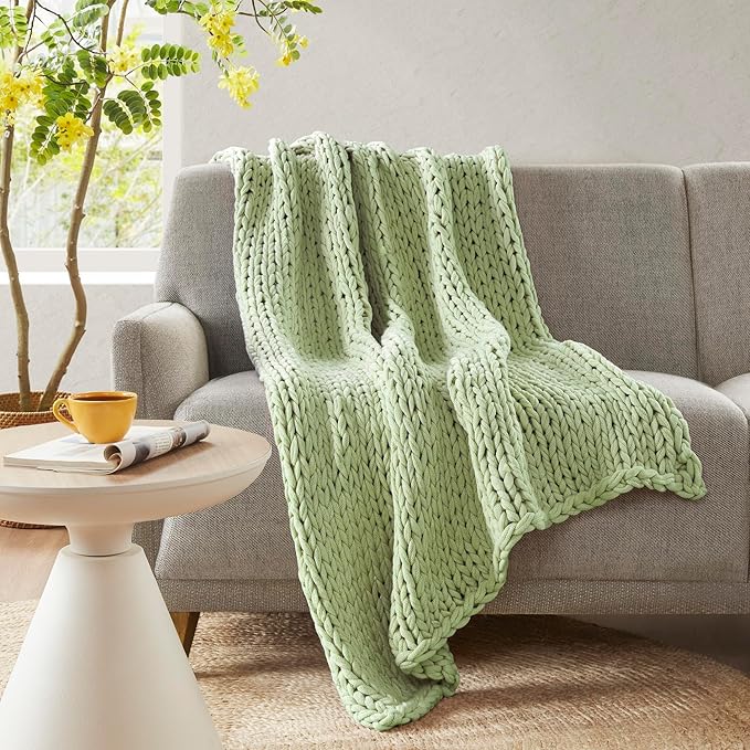 Madison Park Boho Throw Blanket, Soft Blanket Handmade Gift Home Decor, Lightweight & Breathable All Seasons Spring Chunky Knit Blanket, Knitted Throw for Couch, Bed Blanket, 50"x60"Sage Green