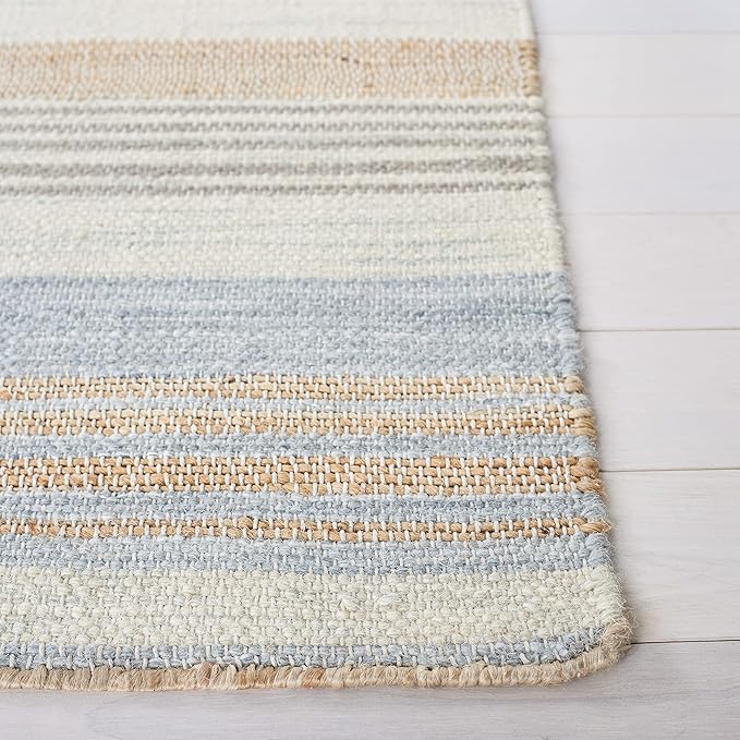 SAFAVIEH Area Rug 8x10 - Kilim Collection - Large - Natural & Light Blue, Handmade Jute, Ideal for Living Room, Bedroom, Office, Dining Space (KLM461L)