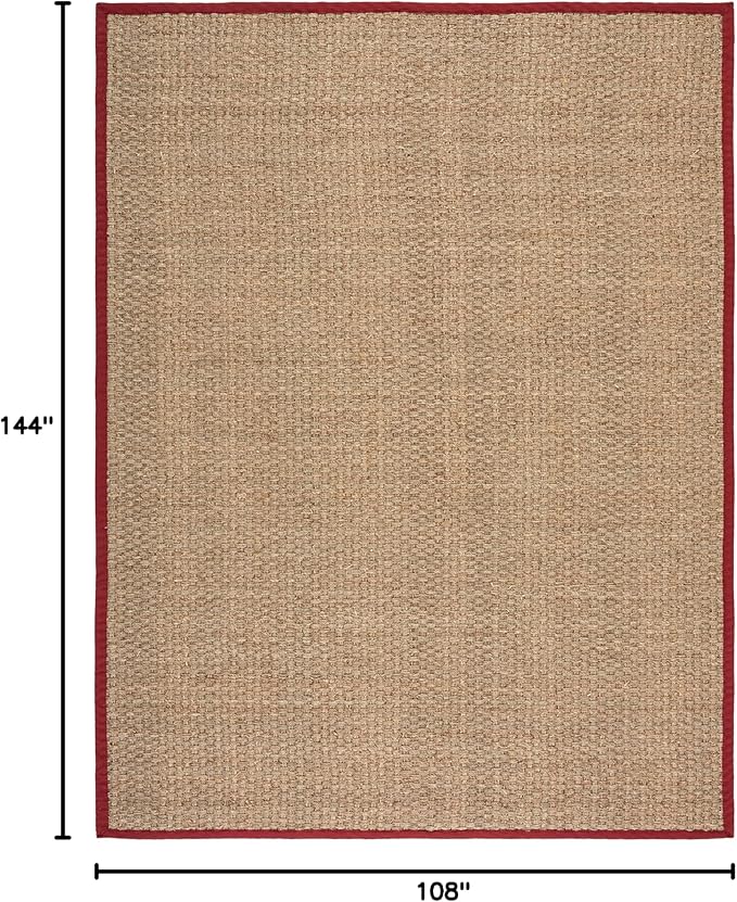 SAFAVIEH Area Rug 9x12 - Natural Fiber Collection - Large - Natural & Red, Seagrass, Basketweave Pattern with Border (NF114D)