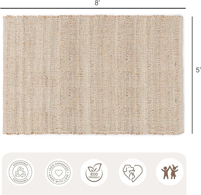 · REDEARTH · Jute Cotton Area Rug, Sustainable Handwoven, Non-Shedding, Soft & Durable – Reversible, Neutral Tones for Home Décor in Living Room, Dining Room, Bedroom (Arden Natural, 5'x8')