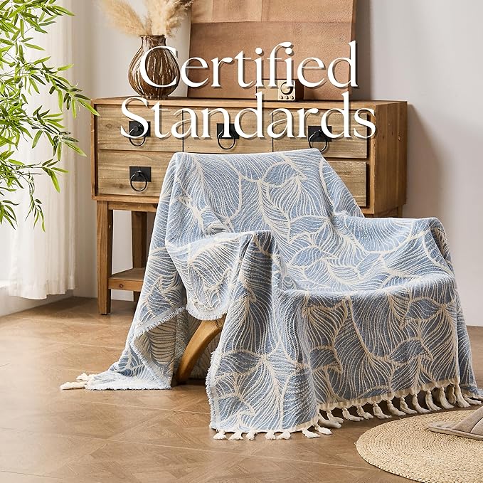 DOWN HOME Chenille Cotton Throw Blanket for Couch, Lightweight Boho Blanket for Bed Sofa Chair Living Room Outdoor Soft Woven Decorative Blanket with Tassel Gift Blue Leaves 55"x60"