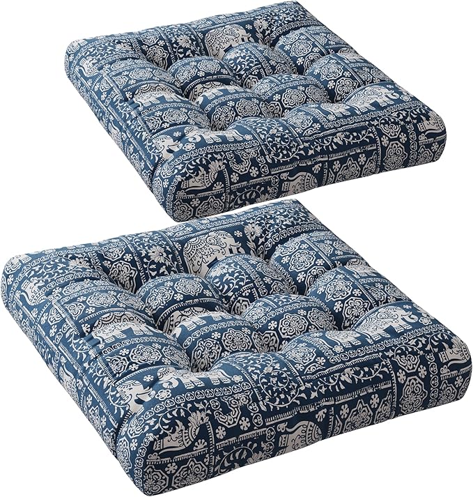 Codi Meditation Floor Pillow Set of 2, Large Pillows Seating for Adults and Kids, Bohemian Cushion for Fireplace Yoga Living Room Sitting, Memory Foam Added, 22x22 Inch Indigo Elephant