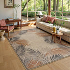 LIVEBOX Modern Easy Jute 5x7 Outdoor Rug, Washable Area Rugs for Living Room Patio Tropical Leaf Indoor Outdoor Rug, Boho Farmhouse Non Slip Carpet for Backyard Foyer Dining Room(Beige, 5'x7')