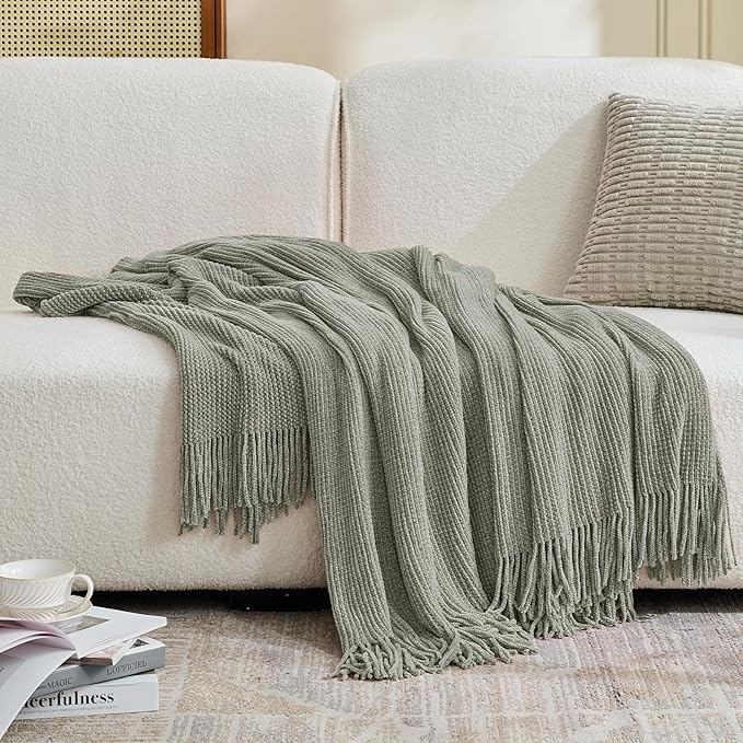 inhand Throw Blanket for Couch Bed,Chunky Chenille Woven Soft Blankets with Tassels,Cozy Boho Farmhouse Fall Winter Decor,Warm for Women,50"x60",Extra Thick-Light Grey