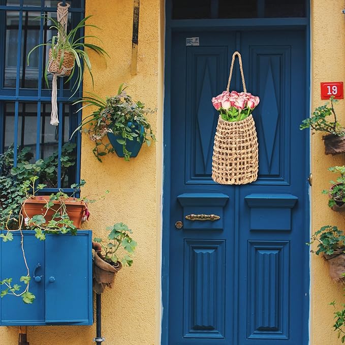 Hiceeden Woven Front Door Basket, Water Hyacinth Hanging Wall Flower Basket, Wall Decor Boho Decoration Veggies Storage Basket for Home, Pantry, Garden, Farmhouse