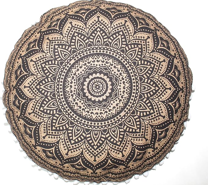 CRAFT KALA Large Round Bohemian Floor Pillow Pouf Cover Mandala Meditation Room Pillow Cover for Adults Boho Seating Poufs Cushion Cover for Kids Playroom 32" Black Gold Ombre