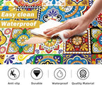 Boho Kitchen Rugs Set 2 Memory Foam Colorful Ceramic Comfort Tile Floor Mat Anti Fatigue Non-Skid PVC Runner Rug Water & Oil Proof Carpet for Kitchen Laundry Sink,17.3x28+17.3x47 Inch, C2