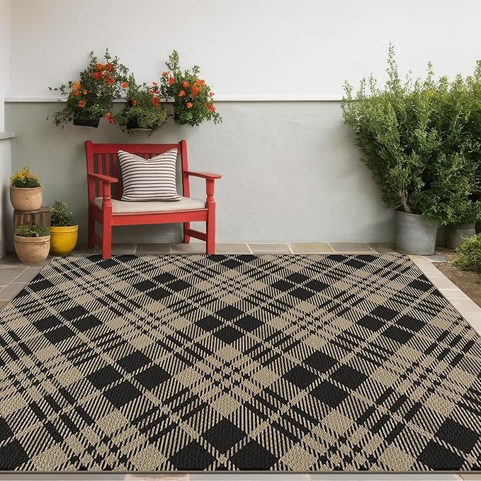 JTJ Vintage Easy Jute Rugs for Bedroom 5x7 - Diamond Patterned Woven Rug for Indoor Area, Living Room, Washable Low Pile Black and White Classic Decor