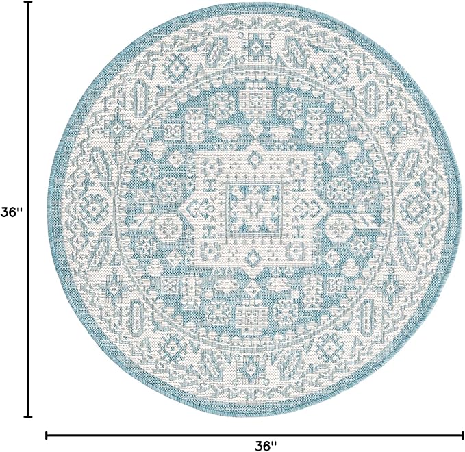 Rugs.com Outdoor Aztec Collection Rug – 3 Ft Round Aqua Flatweave Rug Perfect for Kitchens, Dining Rooms