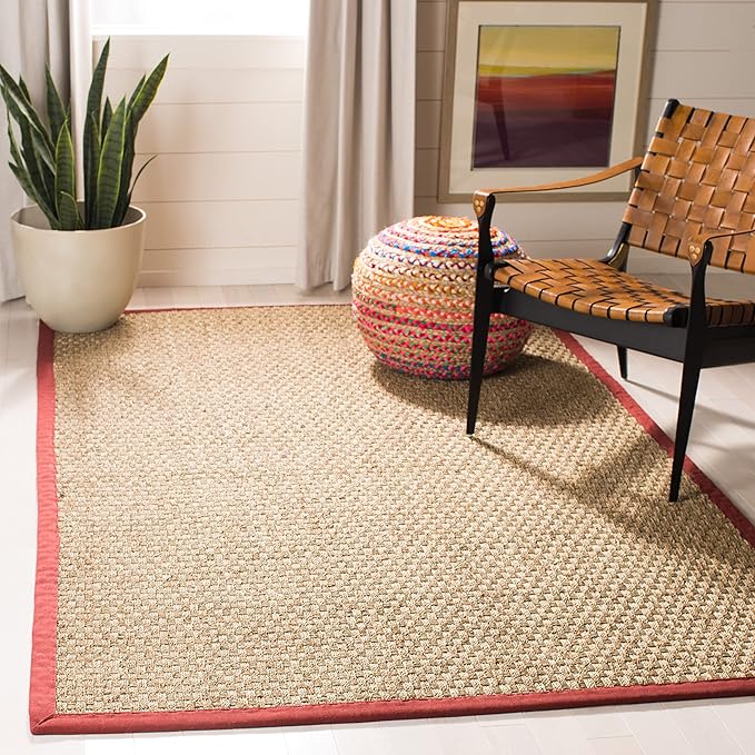 SAFAVIEH Area Rug 9x12 - Natural Fiber Collection - Large - Natural & Red, Seagrass, Basketweave Pattern with Border (NF114D)