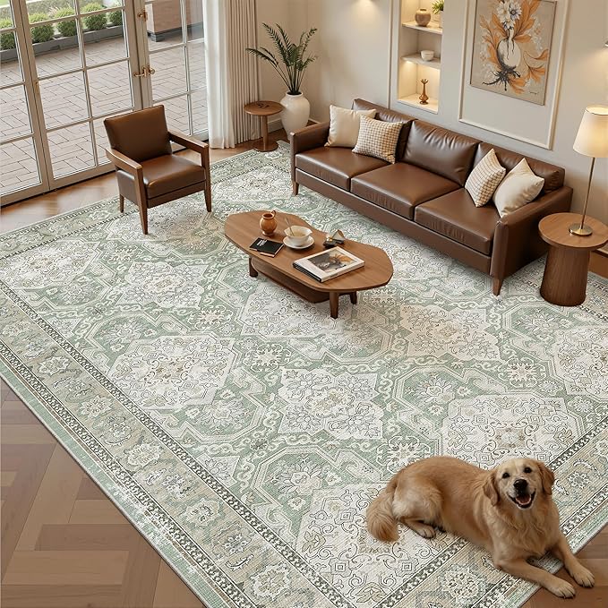 9x12 Area Rugs for Living Room, Non Slip Machine Washable Vintage Rugs, Low Pile Lightweight Large Rug for Bedroom, Dining Room, Home Office Green/Brown