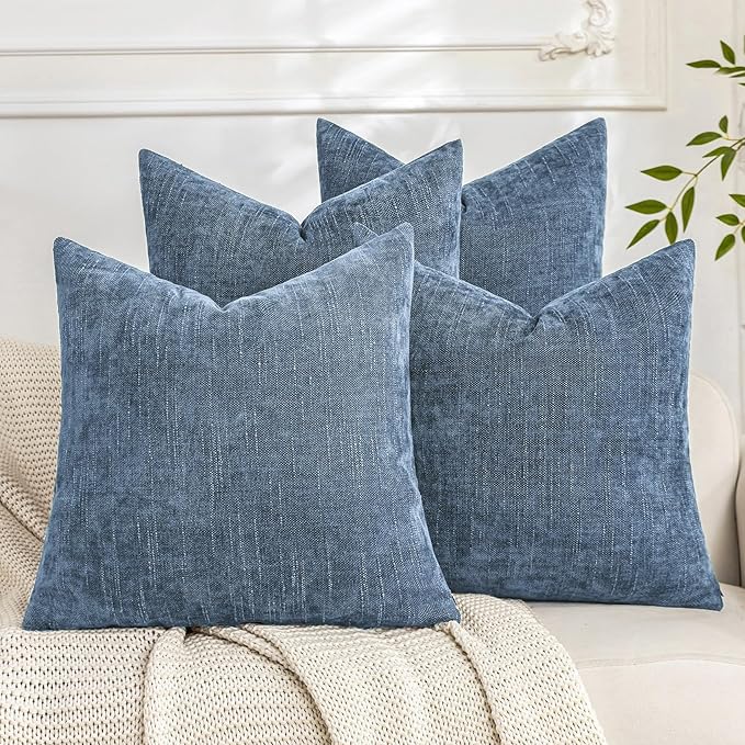 Set of 4 Soft Textured Decorative Throw Pillow Covers 16x16 Inch Cozy Farmhouse Cushion Cover Square Accent Pillow Cases for Bed Couch Sofa Living Room, Smoke Blue