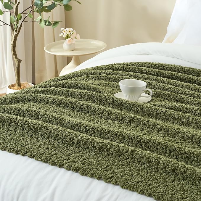 Throw Blanket for Couch, Olive Green Luxury Knitted Throws 60"x80", Textured Blankets with Handmade Fringe Tassels for Bed Sofa Decorative, Chunky Soft Farmhouse Boho Home Decor