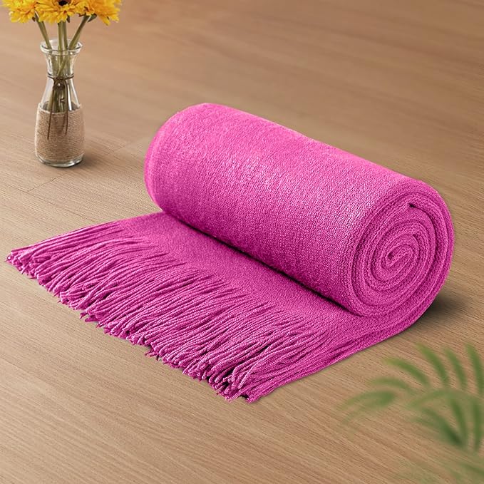 Vonty Hot Pink Knitted Blanket with Tassels Fringe 60" x 80", Super Soft Knit Throw Blanket, Farmhouse Decorative Lightweight Blanket for Couch, Sofa, Bed