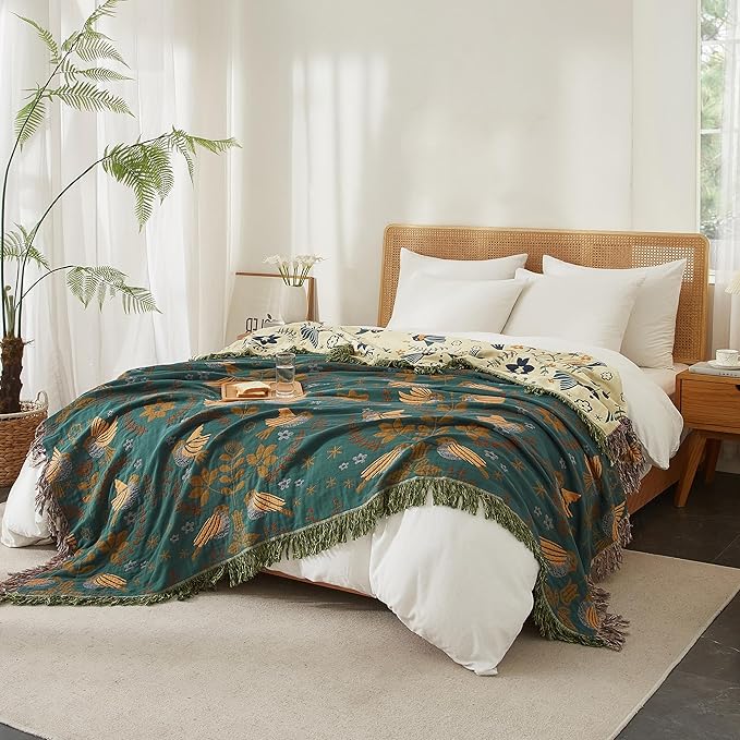Boho Throw Blanket for Bed 90”x98”, 100% Cotton Woven Blanket for Couch Sofa, Ultra Soft 4-Layer Muslin Quilt with Bird Floral Printed, Farmhouse Bed Blanket/Cover for Living Room Decor