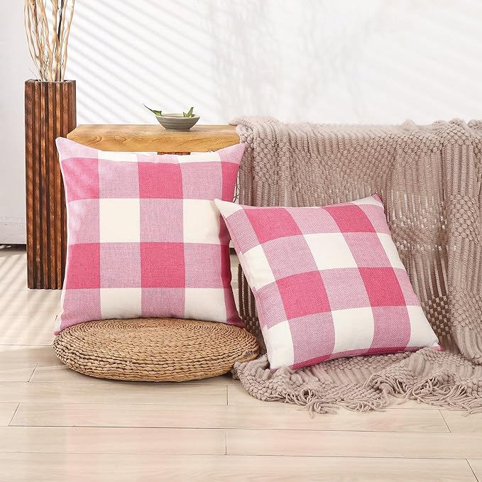 CARRIE HOME Pink Accent Pillows Decorative Throw Pillow Covers 20x20 Set of 2 Pink Gingham Farmhouse Pillow Covers 20 x 20, Boho Plaid Room Decor for Couch Porch Patio and Yard