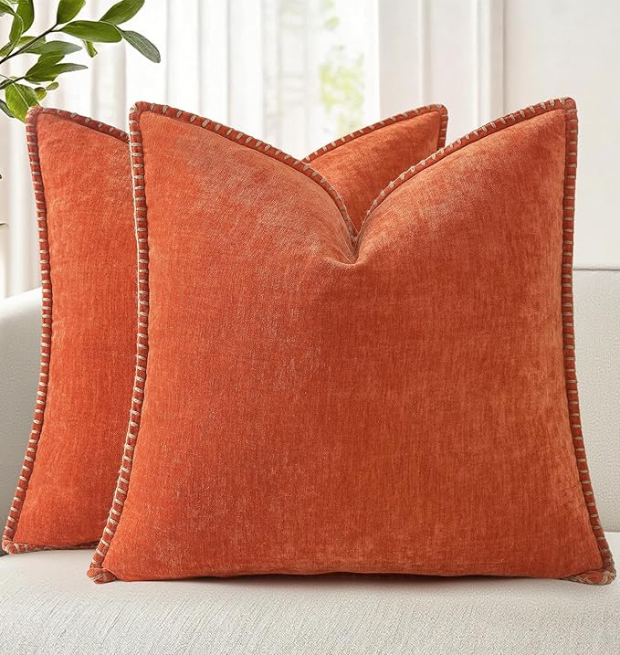 decorUhome Chenille Soft Cozy Throw Pillow Covers 26x26 Set of 2, Modern Farmhouse Boho Velvet Decorative Euro Sham Pillow Cases with Stitched Edge for Couch Sofa Bed Home Decor, Rust