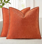 decorUhome Chenille Soft Cozy Throw Pillow Covers 26x26 Set of 2, Modern Farmhouse Boho Velvet Decorative Euro Sham Pillow Cases with Stitched Edge for Couch Sofa Bed Home Decor, Rust