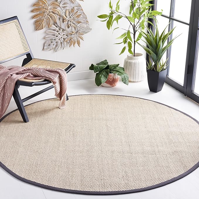SAFAVIEH Area Rug 8' Round - Natural Fiber Collection - Marble & Dark Grey, Sisal, Woven Design with Border (NF143D)