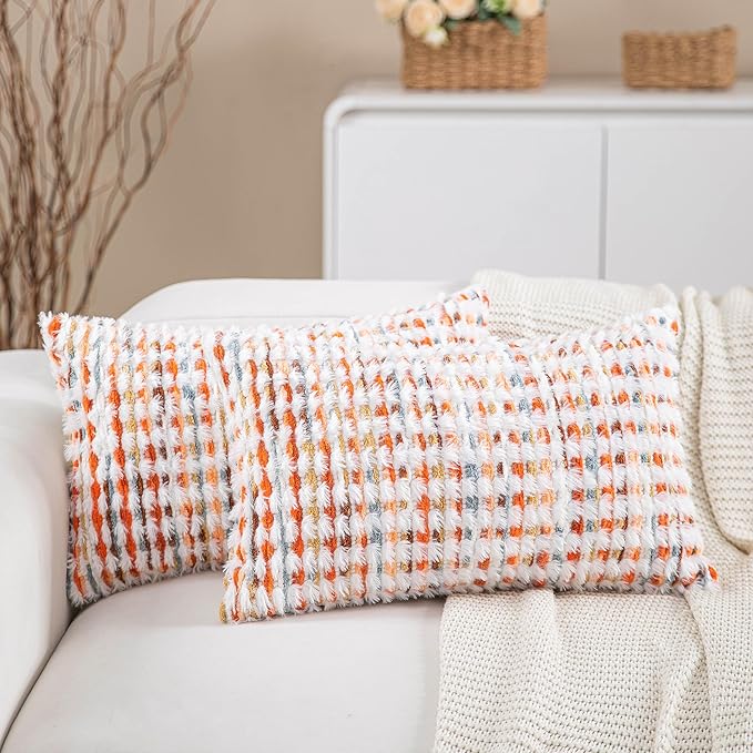 Boho Lumbar Pillow Covers Set of 2-12x20 Inch Orange Farmhouse Tufted Long Boho Throw Pillows, Neutral Fluffy Modern Pillow Cases Rectangle Accent Pillowcase for Couch Bed Sofa Home Decor