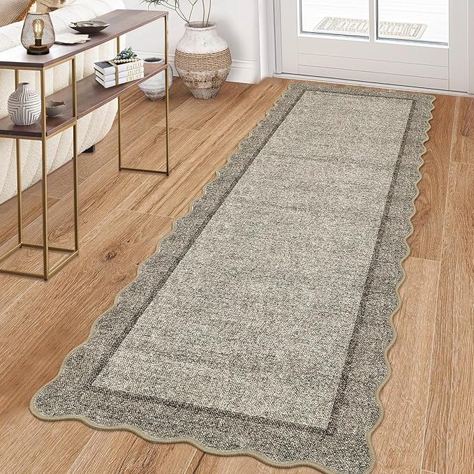 GarveeHome Scalloped Washable Runner Rug 2x6 Runner Non Slip Kitchen Rugs Modern Brown Entryway Rug Farmhouse Soft Bathroom Rugs Stain Resistant Carpet for Hallway Laundry Bedroom 2 ft x6 ft Brown