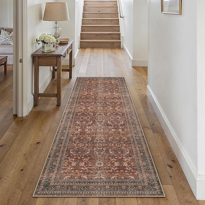 HUGEAR 2x6 Runner Rug Hallway Vintage Brick Red Machine Washable Retro Floral Low Pile Carpet Vacuumable Distressed Long Throw Rug Bedroom Office Bathroom Kitchen Laundry Non Slip Soft Lightweight