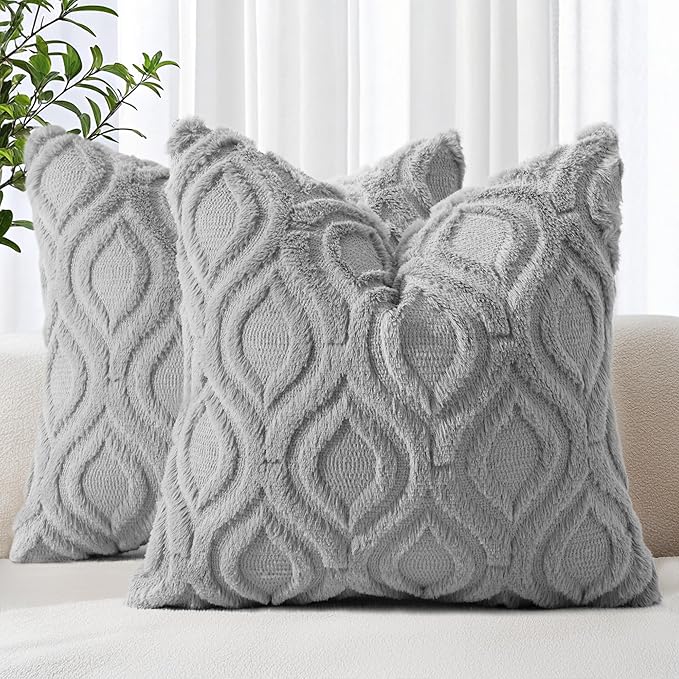 decorUhome Cozy Textured Euro Sham Throw Pillow Covers 24x24 Inch Set of 2, Soft Plush Faux Wool Grey Accent Couch Pillow Covers for Modern Farmhouse Sofa Bed Living Room