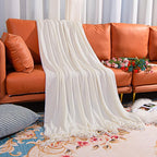 NTBAY Acrylic Knitted Throw Blanket, Lightweight and Soft Cozy Decorative Woven Blanket with Tassels for Travel, Couch, Bed, Sofa, 51x67 Inches, White Striped