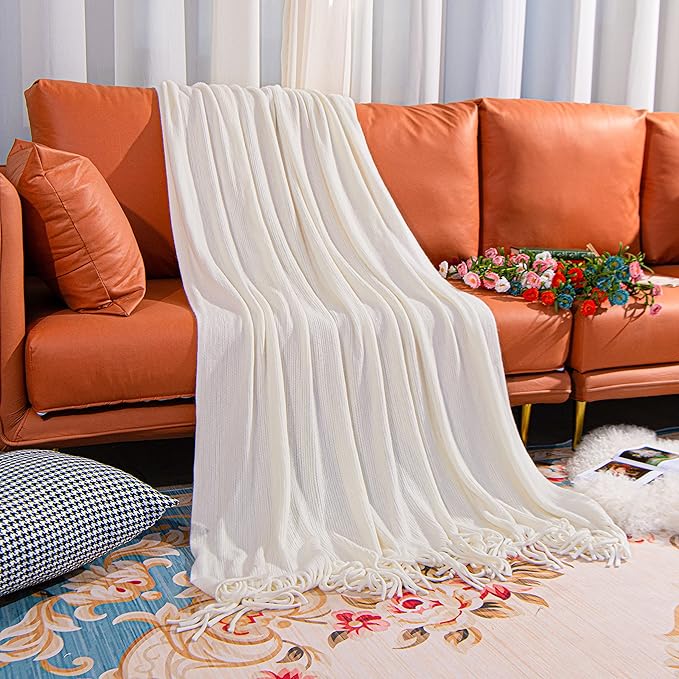 NTBAY Acrylic Knitted Throw Blanket, Lightweight and Soft Cozy Decorative Woven Blanket with Tassels for Travel, Couch, Bed, Sofa, 51x67 Inches, White Striped