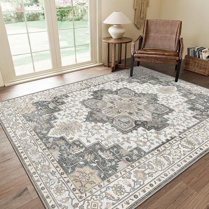 GENIMO 3x5 Area Rugs for Living Room, Machine Washable Rug, Non Slip Indoor Vintage Rug, Low Pile Lightweight Chenille Print Carpet for Bedroom Dining Room Home Office, Heathered Grey