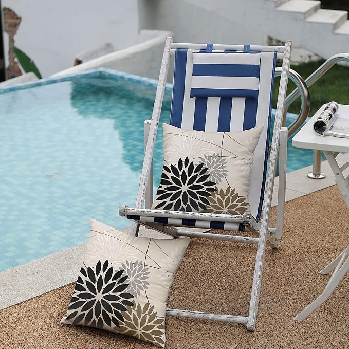 DFXSZ Black Brown Outdoor Pillow Covers 18x18 Inch Set of 2 White Gray Flower Throw Pillows Farmhouse Outdoor Modern Floral Polyester Square Cushion Case Decor for Sofa Patio Funiture Garden 01A18