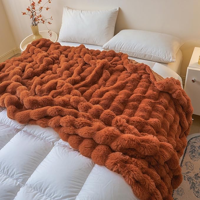 LIFEREVO Fluffy Faux Rabbit Fur Bubble Throw, Plush Shaggy Blanket for Couch Sofa Chair, Soft Cute Furry Bed Blanket Adults Kids Teens Girls, Fuzzy Throw for Bedroom Living Room, 50x60, Burnt Orange