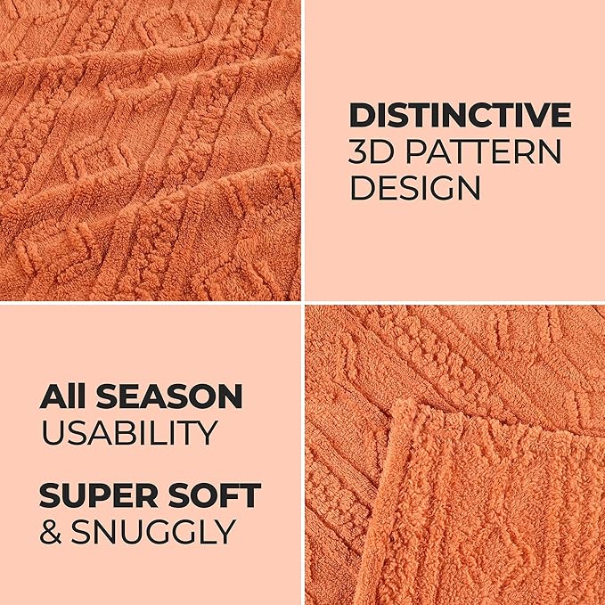 Superior Fleece Boho Jacquard Blanket, Decorative Blankets for Bedroom, Sofa, Plush, Fluffy, Soft, Cute Room Decor, Beautiful Cover, Comfort Essentials, Arctic Collection, Throw XL, Dusty Orange