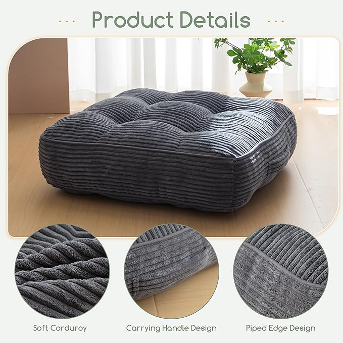 HIGOGOGO 6" Extra Thick Floor Pillow Cushion for Adults, Meditation Cushion Pillow, Large Square Floor Sitting, Tufted Corduroy Cover, for Tatami Living Room or Yoga, 22x22 Inch, Dark Grey