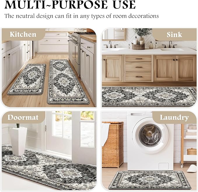 Boho Kitchen Mats for Floor 2 Piece Set Anti Fatigue Cushioned PVC Kitchen Rugs Non Slip Waterproof Farmhouse Mats 2/5 Inch Comfort Standing Mat for Laundry, 17.3"x59"+17.3"x28", Black Brown Grey