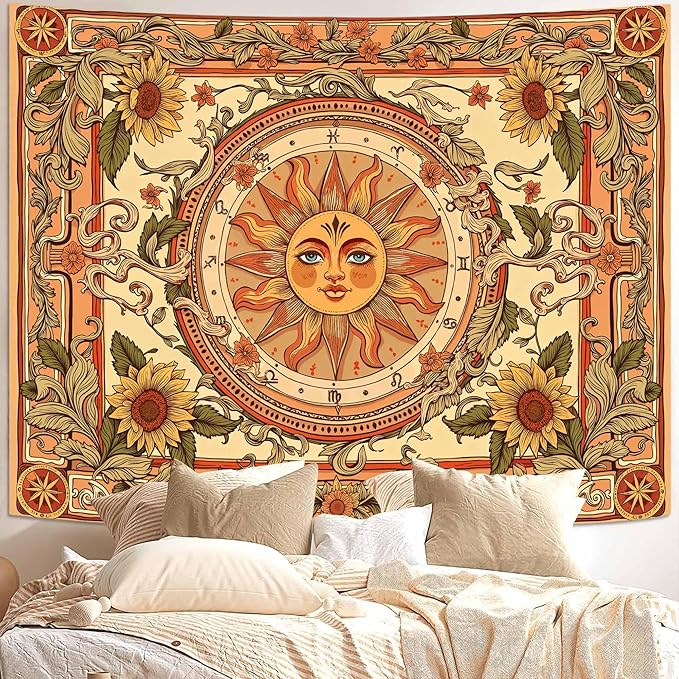 Accnicc Yellow Sun Tapestry Boho Floral Sunflower Plant Wall Tapestry for Bedroom Aesthetic Vintage Flower Celestial Small Tapestries Wall Hanging for Dorm Living Room Decor 48 x 36 Inch