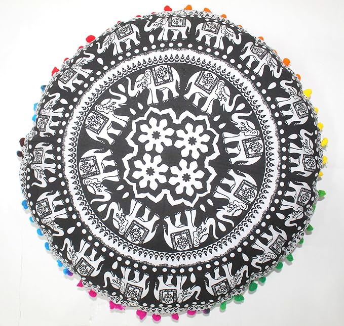 CRAFT KALA 22" Bohemian Floor Pillow Pouf Cover Mandala Boho Large Round Meditation Room Pillow Covers for Adults Seating Poufs Cushion Cover for Kids Playroom Black and White Elephant