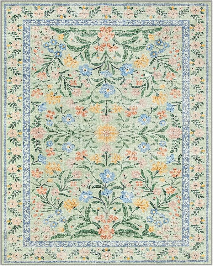 Lahome Sylvie Machine Washable Area Rugs 8x10 Non Slip, Soft Boho Living Room Rugs, Ultra-Thin Vintage Cottage Throw Carpet for Home Office Dinning Room Kids Playroom, Green/Multi
